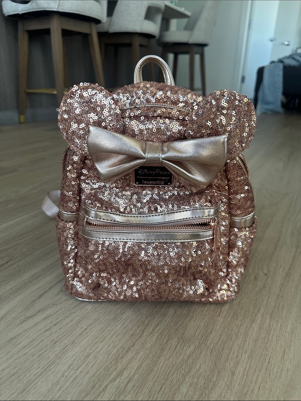 DISNEY PARKS Loungefly Rose Gold Sequin Mini Backpack with Bow & Ears
